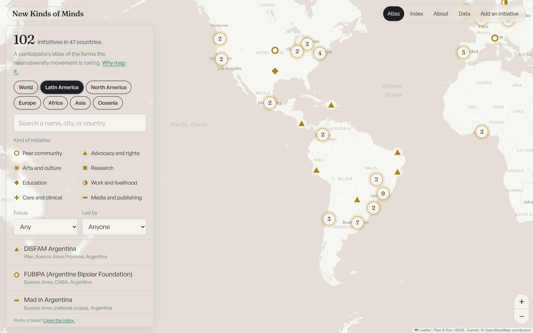 An earlier version of the New Kinds of Minds atlas showing initiatives across Latin America